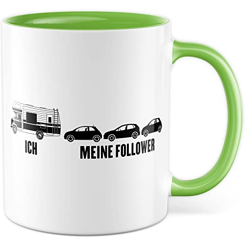 Tasse Camping Geschenk, Ich - Meine Follower Geschenkidee Camper Kaffeetasse mit lustigem Spruch Kaffee-Becher Campen Wohnmobil Teetasse Motiv Witztasse (Weiß/Grün) von Pagma Druck