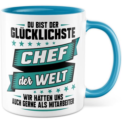 Tasse Chef Geschenk Du bist der glücklichste Chef der Welt, Kaffeetasse Bürotasse Wichtelgeschenk, Geschenkidee Mitarbeiter Jubiläum Weihnachten Boss Kaffee-Becher (Weiß/Blau) von Pagma Druck