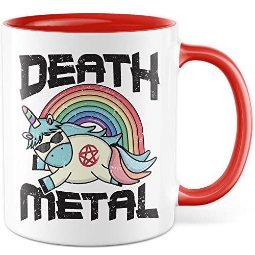 Tasse Death Metal Geschenk Einhorn-Motiv Kaffee-Becher Kaffeetasse Tasse mit Motiv lustig Teetasse Rock Rocker Heavy Metal Punker Einhorn witzig (Weiß/Rot) von Pagma Druck