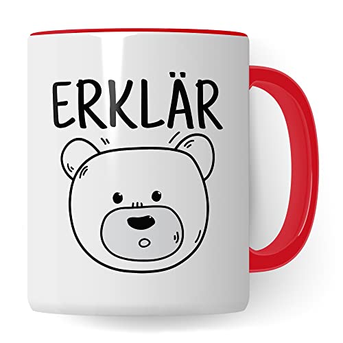 Tasse Erklärbär Geschenk Tasse mit Wortspiel Geschenkidee Kaffeetasse Tasse mit Spruch lustig Bären-Motiv Kaffee-Becher Teetasse Witztasse Humor Witz Deutschlehrer Germanistik (Weiß/Rot) von Pagma Druck