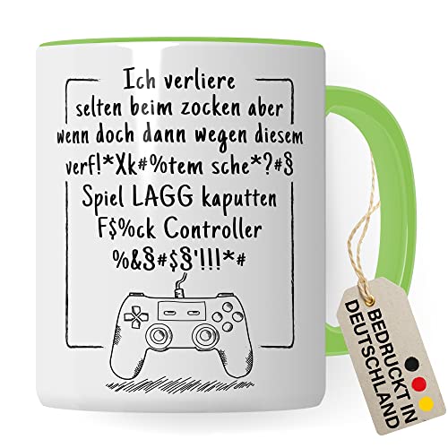 Tasse Gamer Witz lustiger Gaming Kaffee-Becher Zocker Kaffeetasse Controller Spruch Teetasse Nerd Geschenkidee Computer-Spiele Geschenk (Weiß/Grün) von Pagma Druck