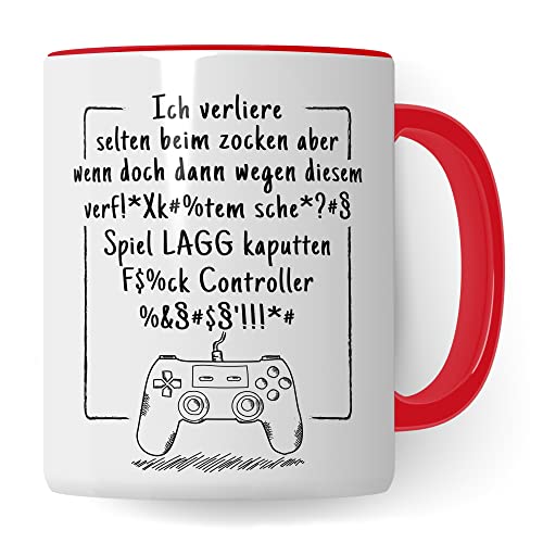 Tasse Gamer Witz lustiger Gaming Kaffee-Becher Zocker Kaffeetasse Controller Spruch Teetasse Nerd Geschenkidee Computer-Spiele Geschenk (Weiß/Rot) von Pagma Druck