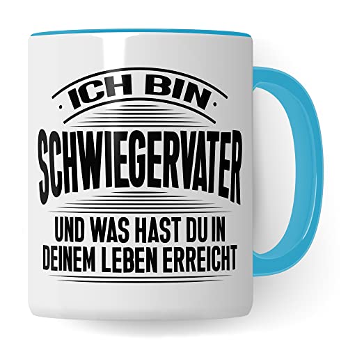 Tasse Geschenk, Ich bin Schwiegervater Und was hast du in deinem Leben erreicht Geschenkidee Schwiegerpapa Kaffee-Becher Kaffeetasse mit Spruch lustig Familie Teetasse (Weiß/Blau) von Pagma Druck