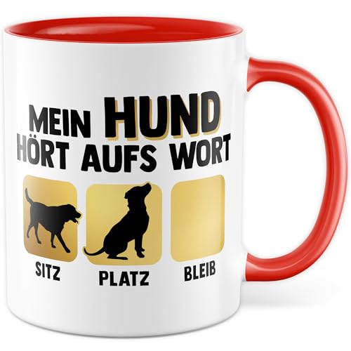 Tasse Hund Geschenk Mein Hund hört aufs Wort, Kaffeetasse Hunde Hundeliebhaber Humor Geschenkidee Hundepapa lustig Geschenke für Frauen Welpe Kaffee-Becher (Weiß/Rot) von Pagma Druck