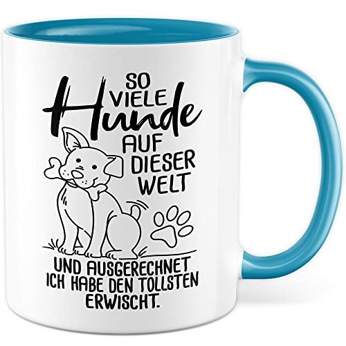 Tasse Hundebesitzer Geschenk, So viele Hunde auf dieser Welt Geschenkidee Hundehalter Kaffeetasse mit Spruch Kaffee-Becher Vierbeiner Tierfreund Hunde-Liebhaber Herrchen Frauchen (Weiß/Blau) von Pagma Druck