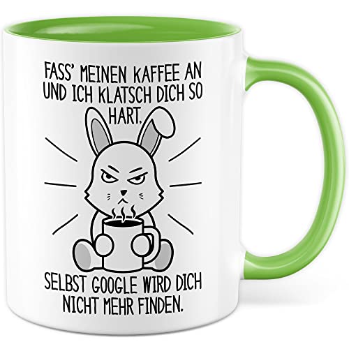 Tasse Kaffee-Liebhaber Geschenk, Fass meinen Kaffee an und ich klatsch dich so hart Geschenkidee Kaffee-Fans Kaffee-Becher Kaffetasse Tasse mit Spruch lustig Kaffee-Genießer (Weiß/Grün) von Pagma Druck