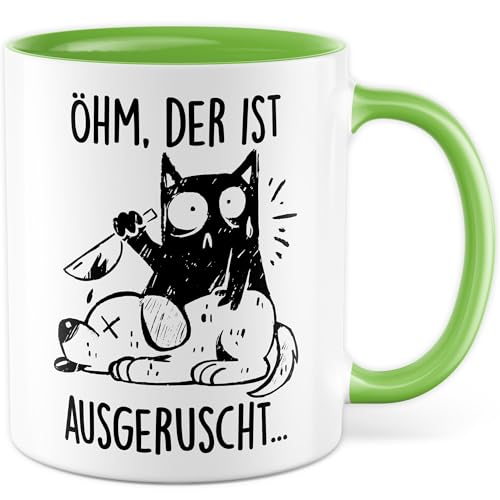 Tasse Katzen Geschenk Öhm, der ist ausgerutscht… Kaffeetasse Katzentasse Büro Katzenliebhaber, Geschenkidee Katzenmama cute Katze Humor Cat Deko Kollegin Freundin Kaffee-Becher (Weiß/Grün) von Pagma Druck