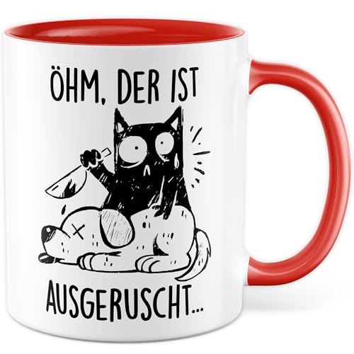 Tasse Katzen Geschenk Öhm, der ist ausgerutscht… Kaffeetasse Katzentasse Büro Katzenliebhaber, Geschenkidee Katzenmama cute Katze Humor Cat Deko Kollegin Freundin Kaffee-Becher (Weiß/Rot) von Pagma Druck