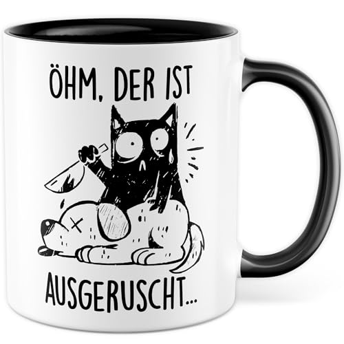 Tasse Katzen Geschenk Öhm, der ist ausgerutscht… Kaffeetasse Katzentasse Büro Katzenliebhaber, Geschenkidee Katzenmama cute Katze Humor Cat Deko Kollegin Freundin Kaffee-Becher (Weiß/Schwarz) von Pagma Druck