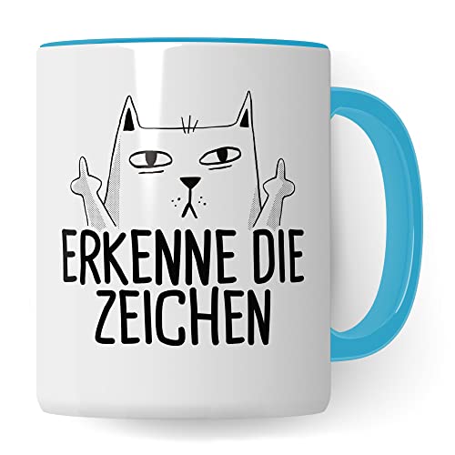 Tasse Katzen-Motiv, Erkenne die Zeichen Spruch, Humor Geschenk Katzenliebhaber, Katzen-Tasse Motiv, Geschenk Kollegen, lustige Katze Kater Katzenfreund Büro-Tasse lustige Kaffeetasse (Weiß & Blau) von Pagma Druck