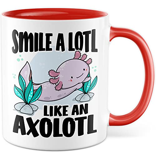 Tasse Lächeln Geschenk, Smile a lotl. Like an axolotl Geschenkidee Kaffeetasse mit Spruch lustig Kaffee-Becher Lächeln Lacheln Grinsen Humor Witztasse (Weiß/Rot) von Pagma Druck