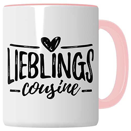 Tasse Lieblingscousine Kaffee-Becher Geschenk Geschenkidee Cousine Teetasse Kaffeetasse mit Schriftzug Cousinen Familie Freundin Geburtstags-Geschenk (Weiß/Pink) von Pagma Druck