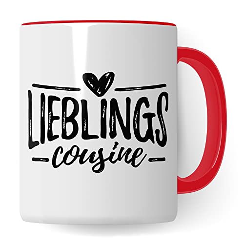 Tasse Lieblingscousine Kaffee-Becher Geschenk Geschenkidee Cousine Teetasse Kaffeetasse mit Schriftzug Cousinen Familie Freundin Geburtstags-Geschenk (Weiß/Rot) von Pagma Druck