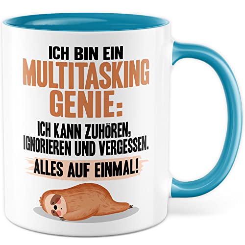 Tasse Multitasking Geschenk Ich bin ein Multitasking-Genie Kaffeetasse mit Spruch lustig Kaffee-Becher Witztasse ignorieren vergessen Freund Kollege Ehemann Vater Humor witzig Witz (Weiß/Blau) von Pagma Druck