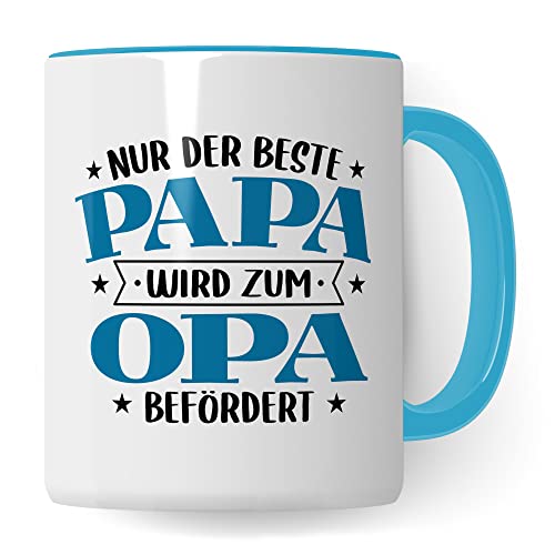 Tasse Opa, Nur der beste Papa wird zum Opa befördert Kaffeetasse mit Spruch lustig Kaffee-Becher Vater Geschenk Geschenkidee Großvater Geburt Teetasse (Weiß/Blau) von Pagma Druck