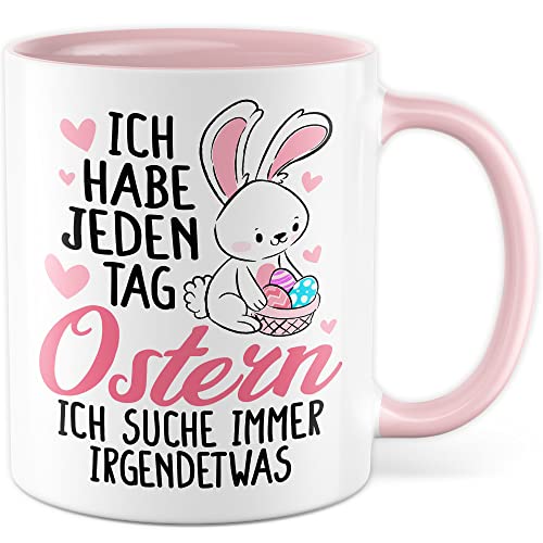 Tasse Ostern Geschenk, Ich habe immer Ostern - ich suche immer irgendwas Geschenkidee Kaffeetasse mit Spruch lustig Kaffee-Becher Ostergeschenk Ostersonntag lustige Tasse vergesslich (Weiß & Pink) von Pagma Druck