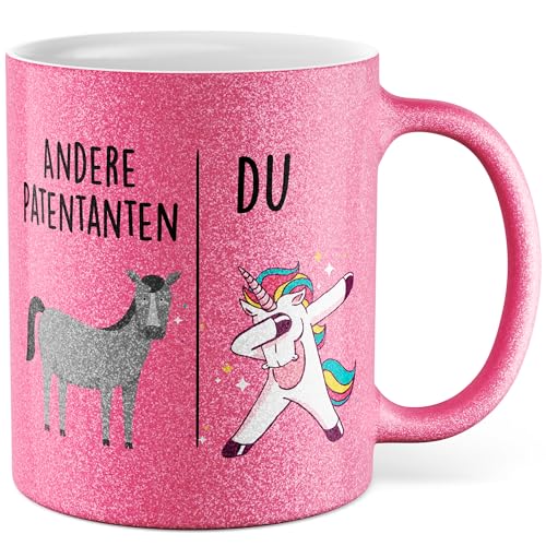 Tasse Patentante Geschenk Andere Patentanten - Du, Kaffeetasse Tante Geschenk für Frauen Taufe Kommunion, Geschenkidee Frau Geburtstag Weihnachten Nichte Neffe Familie Kaffee-Becher (Weiß/Glitzer) von Pagma Druck