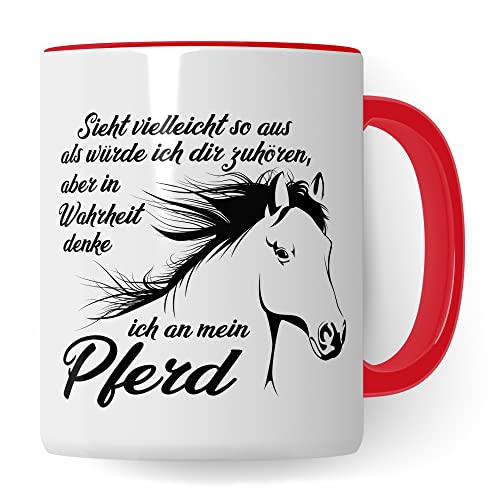 Tasse Pferd Pferde Kaffeetasse Reiterin Kaffee-Becher Reiten Teetasse Pferdemädchen Stallmädchen Pferdeliebhaber Geschenk Geschenkidee Stall Reiter (Weiß/Rot) von Pagma Druck