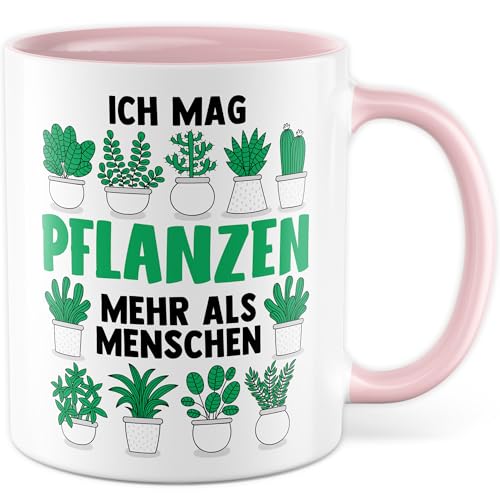 Tasse Pflanzen Geschenk Ich mag Pflanzen mehr als Menschen, Kaffeetasse Gärtner Topfpflanze Blumen-Liebhaber, Geschenkidee Umwelt Büro Deko lustig Garten Kaffee-Becher (Weiß/Rosa) von Pagma Druck