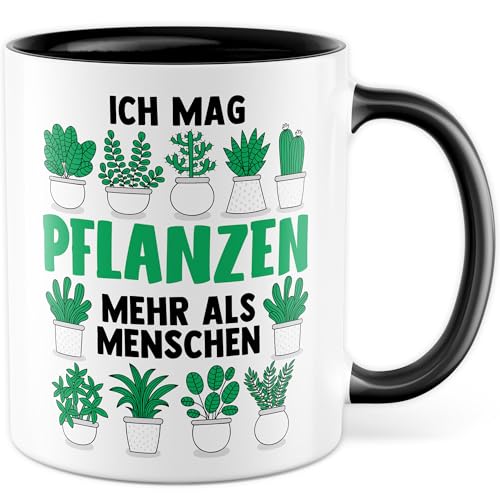 Tasse Pflanzen Geschenk Ich mag Pflanzen mehr als Menschen, Kaffeetasse Gärtner Topfpflanze Blumen-Liebhaber, Geschenkidee Umwelt Büro Deko lustig Garten Kaffee-Becher (Weiß/Schwarz) von Pagma Druck