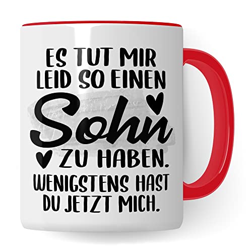 Tasse Schwiegermutter Schwiegereltern Geschenk Kaffeetasse Schwiegermama Kaffee-Becher Hochzeit Humor Tut mir Leid so einen Sohn zu haben wenigstens hast du jetzt mich Spruch (Weiß/Rot) von Pagma Druck