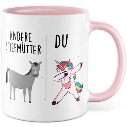 Tasse Stiefmutter Geschenk Andere Stiefmütter - Du, Kaffeetasse Stiefmama Geschenk für Frauen Ehe Hochzeit, Geschenkidee Frau Verlobung Geburtstag Weihnachten Kaffee-Becher (Weiß/Rosa) von Pagma Druck