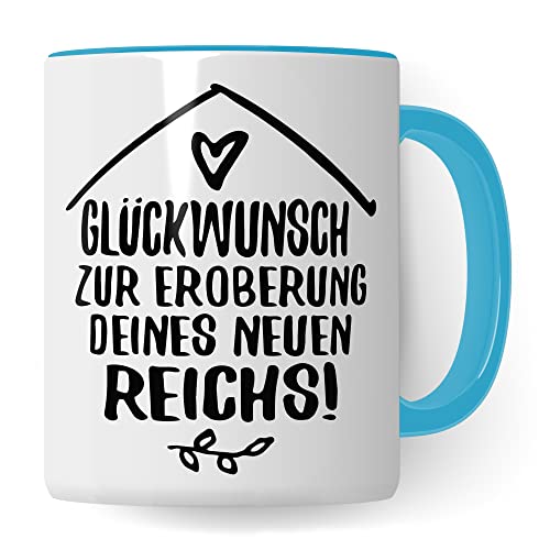 Tasse Umzug Wohnung Kaffee-Becher umziehen Geschenk Geschenkidee erste eigene Wohnung Kaffeetasse Eltern zuhause ausziehen Geschirr Küche Glückwunsch eigenes Reich Tasse Apartment (Weiß/Blau) von Pagma Druck