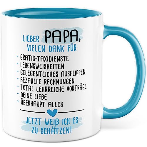 Tasse Vater Geschenk, Lieber Papa Vielen Dank für - Gratis Taxi-Dienste Geschenkidee Vatertag Kaffeetasse mit Spruch lustig Kaffee-Becher Sohn Tochter Kind Kinder Geburtstag (Weiß/Blau) von Pagma Druck