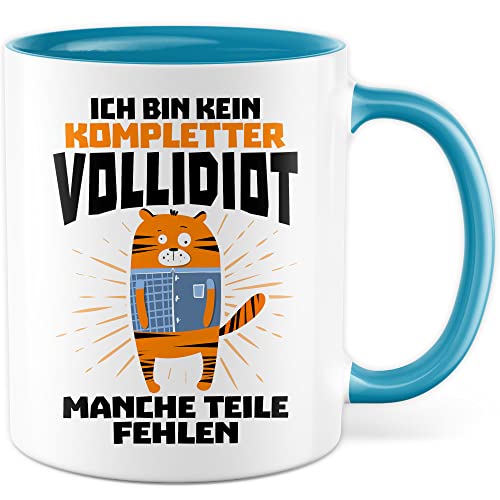 Tasse Vollidiot Geschenk, Ich bin kein kompletter Vollidiot manche Teile fehlen Geschenkidee Vollpfosten Idiot Kaffeetasse mit Spruch lustig Kaffee-Becher Teetasse Witztasse (Weiß/Blau) von Pagma Druck