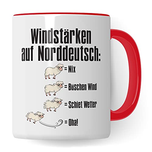 Tasse Windstärken auf Norddeutsch Kaffee-Tasse Schaf Geschenkidee für Norddeutsche Norddeutschland Meer Nordsee Ostsee Kaffeebecher (Weiß/Rot) von Pagma Druck