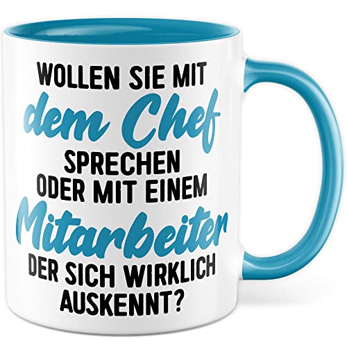 Tasse fürs Büro lustige Kaffeetasse mit Spruch Mitarbeiter Kaffee-Becher mit Humor Geschenk Kollegen Kollegin Geschenkidee Arbeit Schreibtisch Chef Boss Humor Teetasse (Weiß/Blau) von Pagma Druck