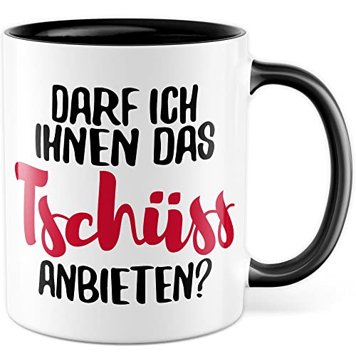 Tasse mit Spruch Büro lustig Kaffeetasse Arbeit Kaffee-Becher mit Witz Arbeitsplatz Job Geschenkidee Humor Geschenk Kollegin Chef Kollege Darf ich ihnen das tschüss anbieten Sarkasmus (Weiß/Schwarz) von Pagma Druck