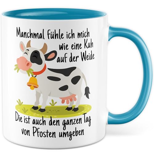 Tasse mit Spruch Lustig Geschenk Ich Fühle mich wie eine Kuh - von Pfosten umgeben, Kaffeetasse Witz Geschenke Geschenkidee Kollege Kollegin Büro Geschenke für Frauen Kaffee-Becher (Weiß/Blau) von Pagma Druck