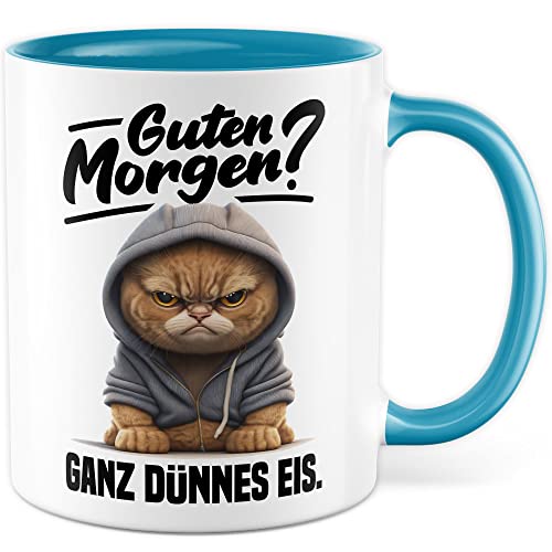 Tasse mit Spruch lustig Katze Morgenmuffel Witz Geschenkidee Kaffeetasse Humor Geschenk für Verschlafen Kaffeebecher Witz Becher (Weiß & Blau) von Pagma Druck