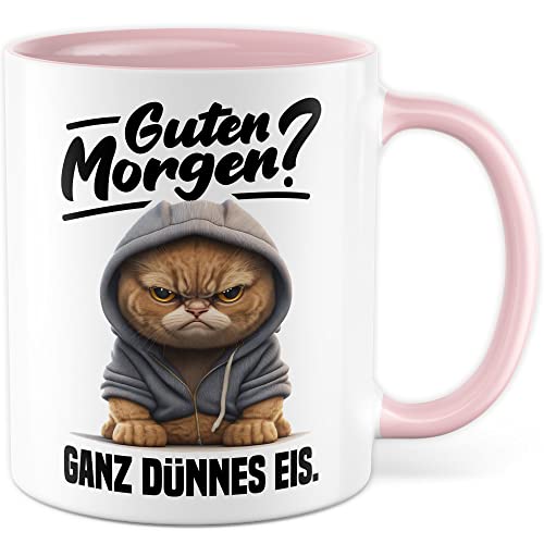 Tasse mit Spruch lustig Katze Morgenmuffel Witz Geschenkidee Kaffeetasse Humor Geschenk für Verschlafen Kaffeebecher Witz Becher (Weiß & Rosa) von Pagma Druck