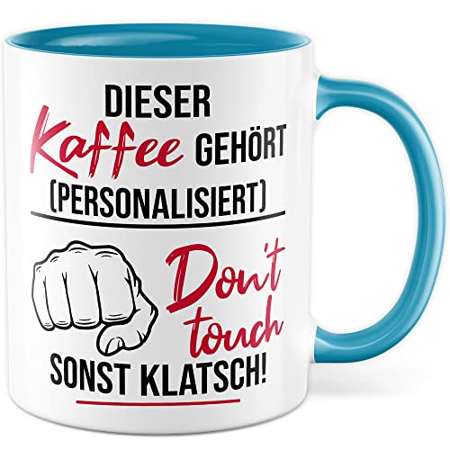 Tasse mit Spruch personalisiert lustige personalisierbare Kaffeetasse mit Wunschname Kaffee-Becher anpassbar Custom Geschenk persönliche Geschenkidee Büro Kollegen Humor (Weiß/Blau) von Pagma Druck