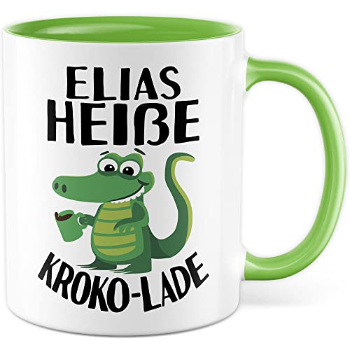 Tasse personalisierbar heiße Kroko-lade Geschenkidee Kaffee-Tasse personalisiert Kaffee-Becher mit eigenem Namen heiße Schokolade Kakao Geschenk Krokodil-Motiv Tasse mit Spruch lustig (Weiß/Grün) von Pagma Druck