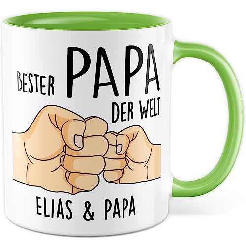 Tasse personalisiert Vater Geschenk, Bester Papa der Welt Name & Name Geschenkidee Vatertag Kaffeetasse mit Spruch Kaffee-Becher eigene Namen personalisierbar Sohn Tochter Geburtstag (Weiß/Grün) von Pagma Druck