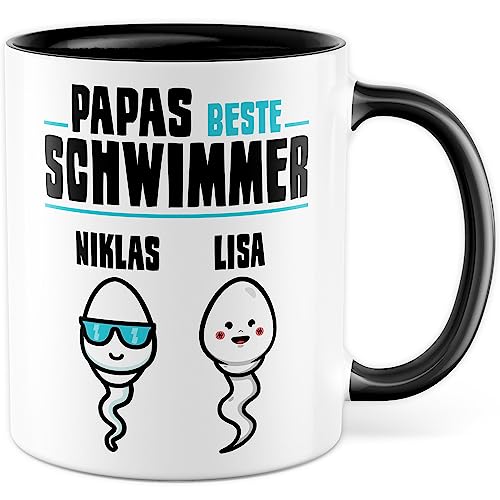 Tasse personalisiert Vater Geschenk, Papas bester Schwimmer - eigener Name Geschenkidee Kaffee-Becher Kaffeetasse mit Spruch lustig Vatertag Sohn Tochter zwei Kinder (Zwei Kinder Personalisiert) von Pagma Druck