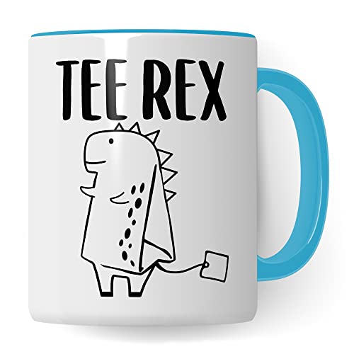 Teetasse mit Spruch: Tee Rex lustig Teetrinker Geschenke Tee-Pott Teeliebhaber Witz Dinosaurier Männer Frauen Mädchen Jungen Motiv Tee-Becher (Weiß/Blau) von Pagma Druck