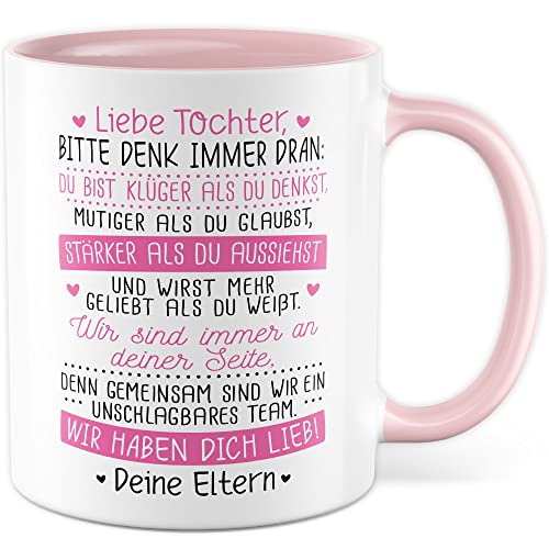 Tochter Tasse Kaffeetasse Eltern Kaffee-Becher Vater Mutter Geschenk Familie Geschenkidee Kind Mama Papa Wir haben dich Lieb Spruch Stolz Mädchen Kinder Geburtstag von Pagma Druck