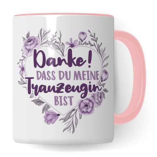 Trauzeugin Tasse DANKE! Dass du meine Trauzeugin bist Braut Geschenk Trauzeugin süßes Motiv schöne Geschenkidee Kaffeetasse Teebecher Hochzeit Dankesgeschenk (Weiß & Pink) von Pagma Druck