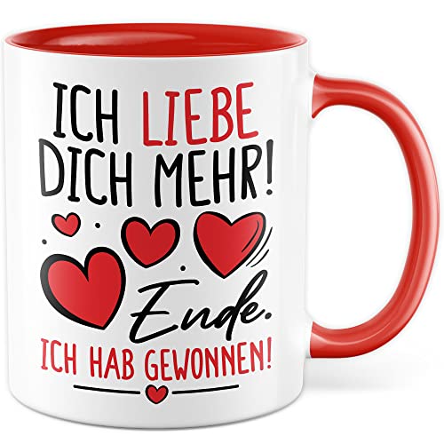 Valentinstag Tasse Geschenk, ICH LIEBE DICH MEHR! - Ende. Ich hab gewonnen! Geschenkidee Freund Freundin Kaffeetasse mit Spruch lustig süß Kaffee-Becher Partner Partnerin Beziehung (Weiß/Rot) von Pagma Druck