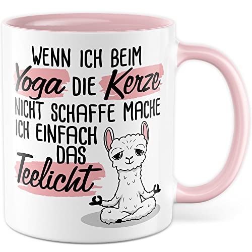 Yoga Tasse Humor Kaffeetasse mit lustigem Spruch Teetasse Yogalehrer Geschenk Joga Witz Kerze Teelicht Kaffee-Becher Meditation Geschenkidee Yogafan Lama Yoga-Motiv (Weiß/Rosa) von Pagma Druck