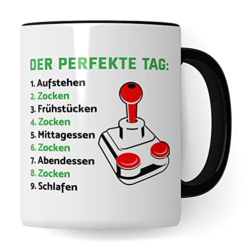 Zocker Tasse Geschenkidee Kaffeetasse Humor Witz Geschenk für Gamer Gamerin Kaffeebecher Zocken Becher (Weiß & Schwarz) von Pagma Druck