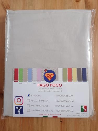 Spannbettlaken für Einzelbett, Bettwäsche, Bettlaken aus Flanell, Größe: 90 x 200 + 22 cm, einfarbig, 100 % reine natürliche Baumwolle, hergestellt in Italien von Pago Poco