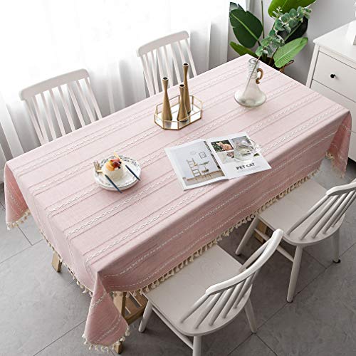 Pahajim Tischdecke Rechteckige Tischdecken Baumwolle Leinen Quaste Tischtuch abwaschbar für Speisetisch Picknick-Party Tischdekoration(Streifen - pink, 140 x 180 cm) von Pahajim