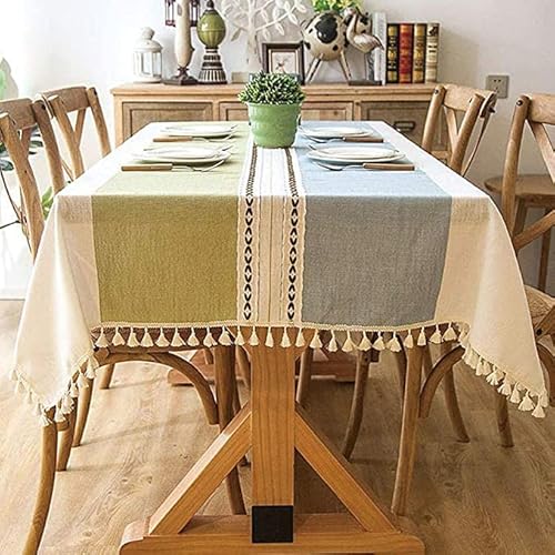 Pahajim Tischdecke Abwaschbar Baumwolle Leinen Tischdecke Quaste Tischdecke Moderne Einfache Streifen Tischdecke für Home Küche Speisetisch Dekoration(Blau-Grün Streifen,Quadrat,140x140cm) von Pahajim