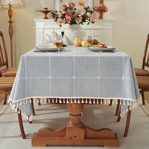Pahajim Moderne Einfache Streifen Tischdecke Quaste Tischdecke Baumwolle Leinen Outdoor Tischdecke abwaschbar Küchentischabdeckung für Speisetisch(Grau Gitter,Rechteckig/Oval,140x220cm) von Pahajim