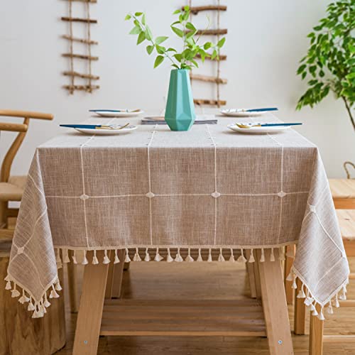 Pahajim Tischdecke Abwaschbar Baumwolle Leinen Tischdecken Rechteckig mit Quasten Tischtuch Vintage Einfache Kariert für Home Küche Speisetisch Dekoration(Beige Gitter, 140 x 180 cm) von Pahajim